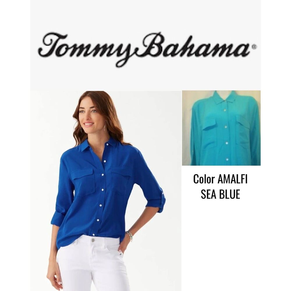 SZ L Tommy Bahama "June" Silk Cargo Pocket Roll Sleeve Blouse Amalfi Sea Blue